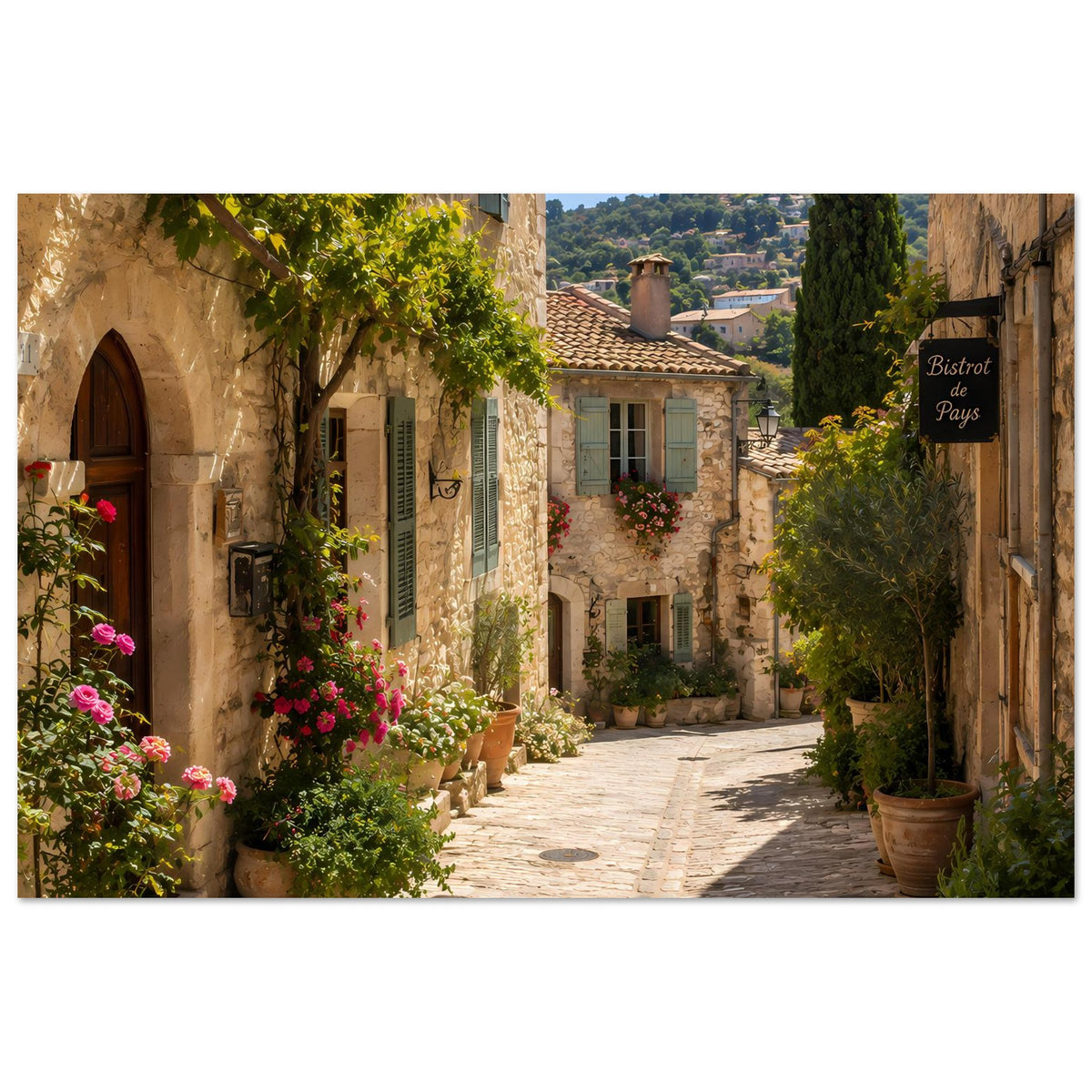 Provence-Poster mit sonniger Natursteingasse, Blumenbeeten in Töpfen und begrünten Fassaden