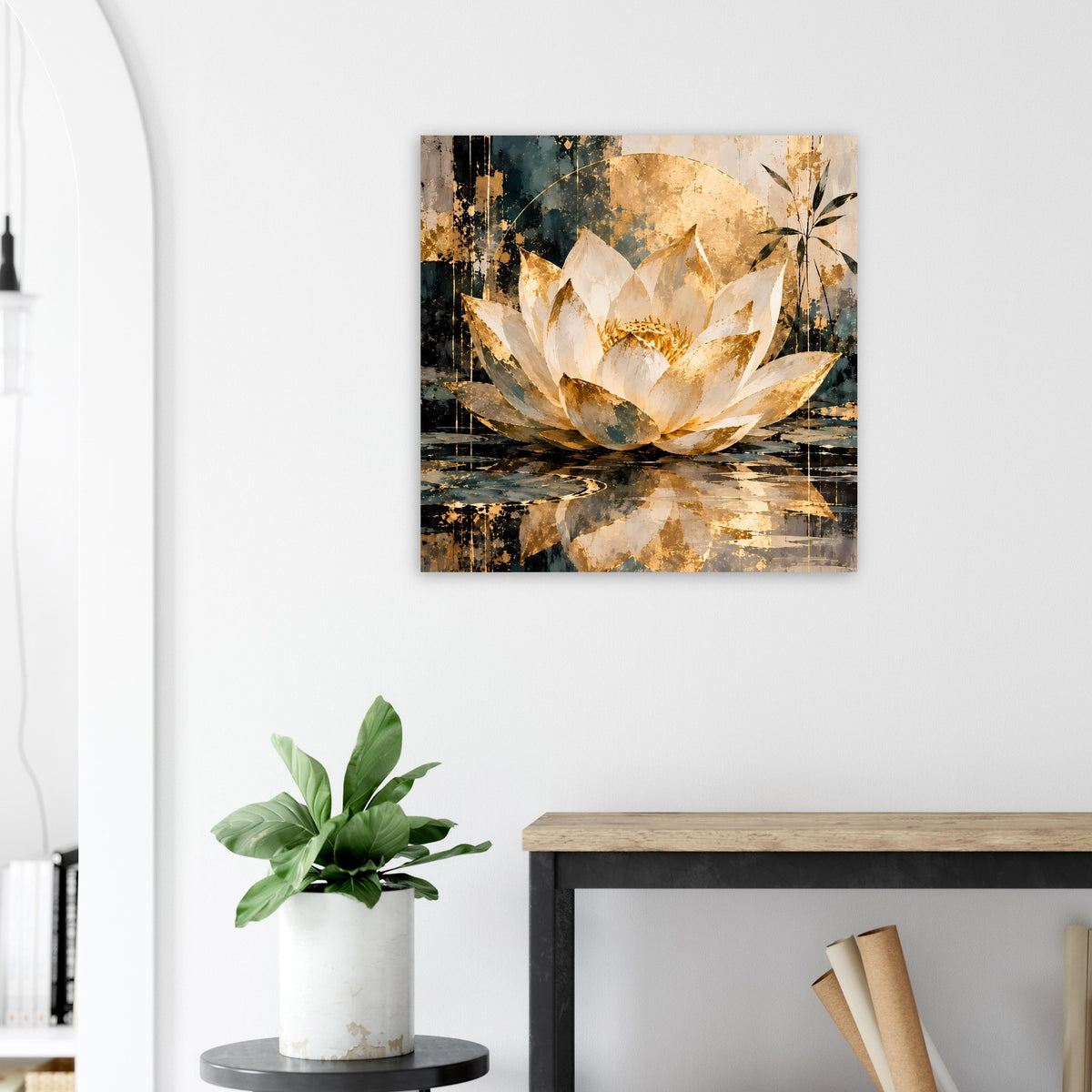 Wandposter mit Lotus-Papierkunst: große cremefarbene Blüte, goldene Details auf dunklem Hintergrund