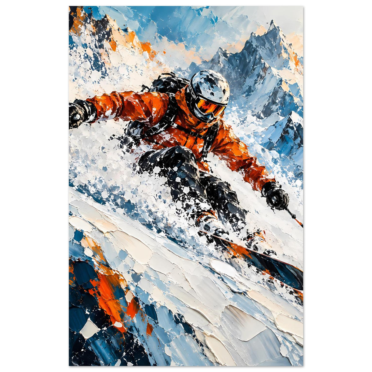 Wintersport-Poster im Hochformat: orange Skifahrer, blaue Schneelandschaft und Berge