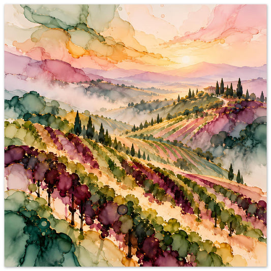 Landschaftsposter mit Weinbergen im Aquarellstil, Reihen und Hügel bei Abendstimmung in Pastelltönen