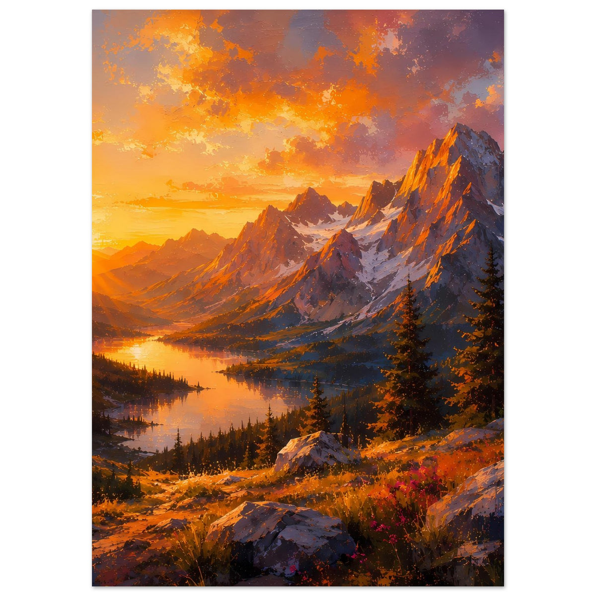 Poster Sonnenuntergang: Bergpanorama, Seeufer und Nadelwald, vertikal