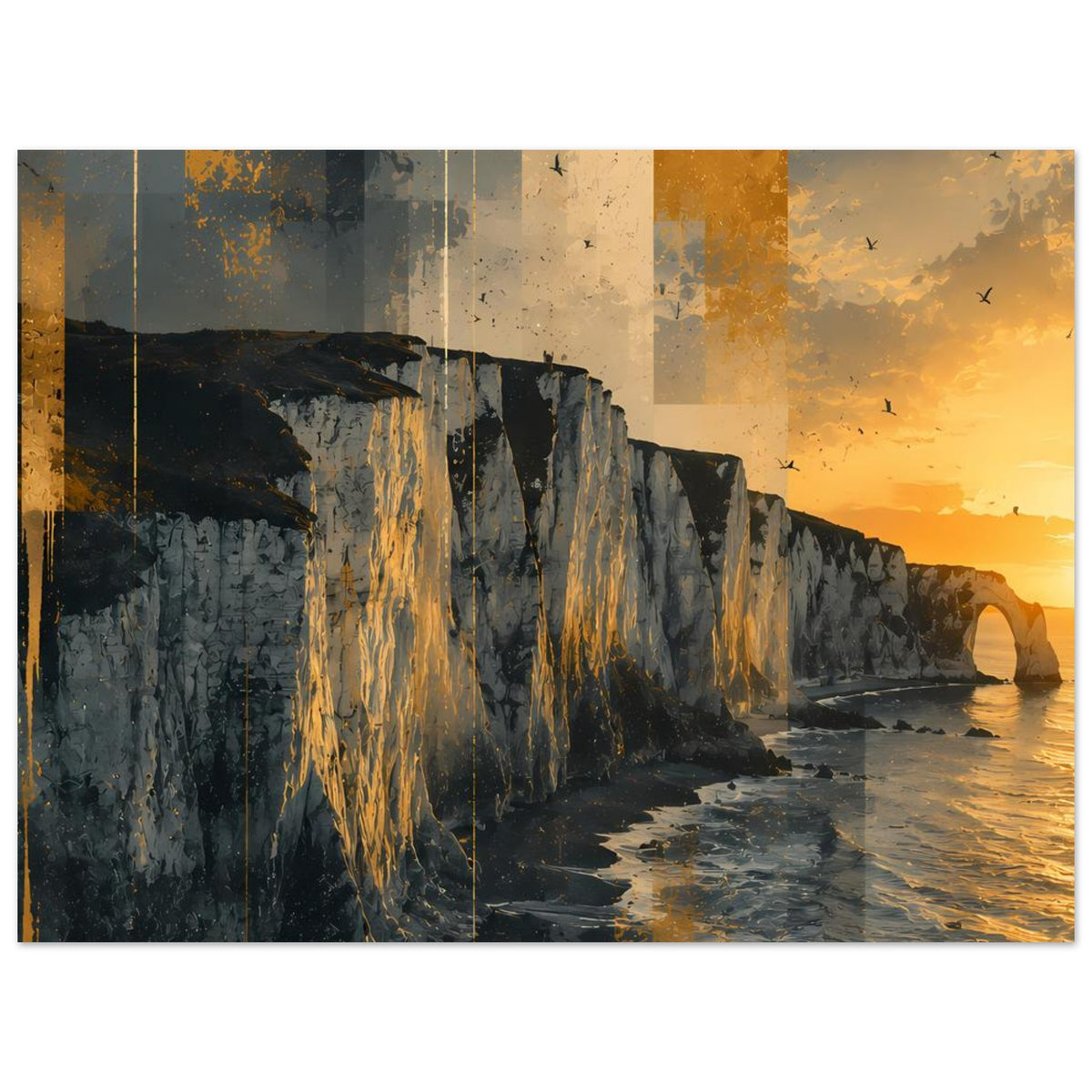 Horizontales Poster: dunkle Klippen am Meer, goldenes Licht und Reflexe auf Wasser
