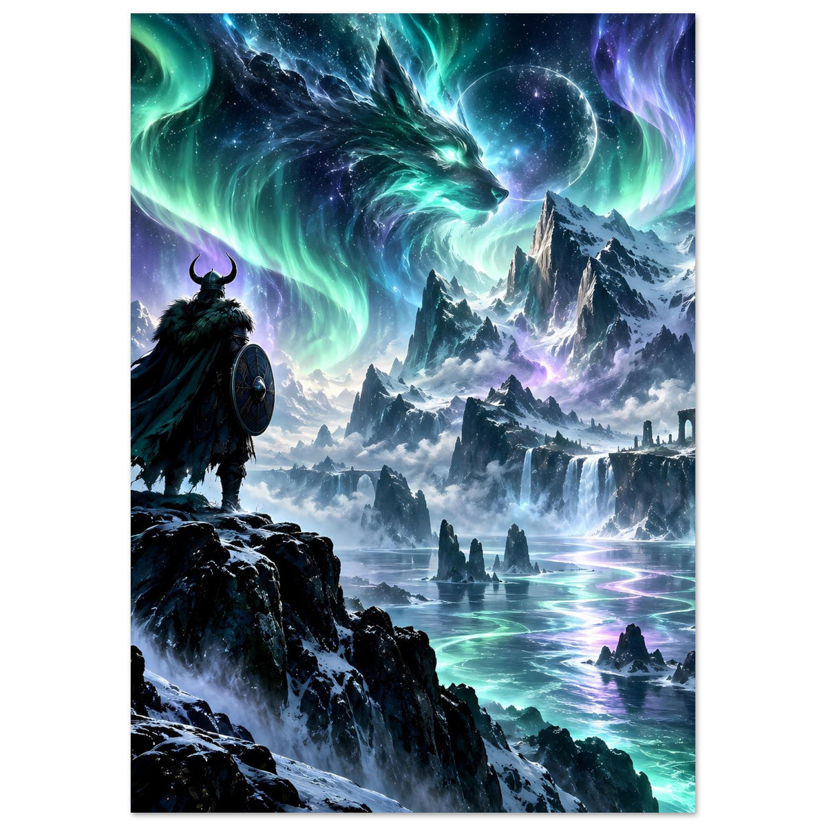 Fantasy-Poster im Hochformat: Polarlicht-Drachen, nordischer Krieger auf zerklüftetem Fels