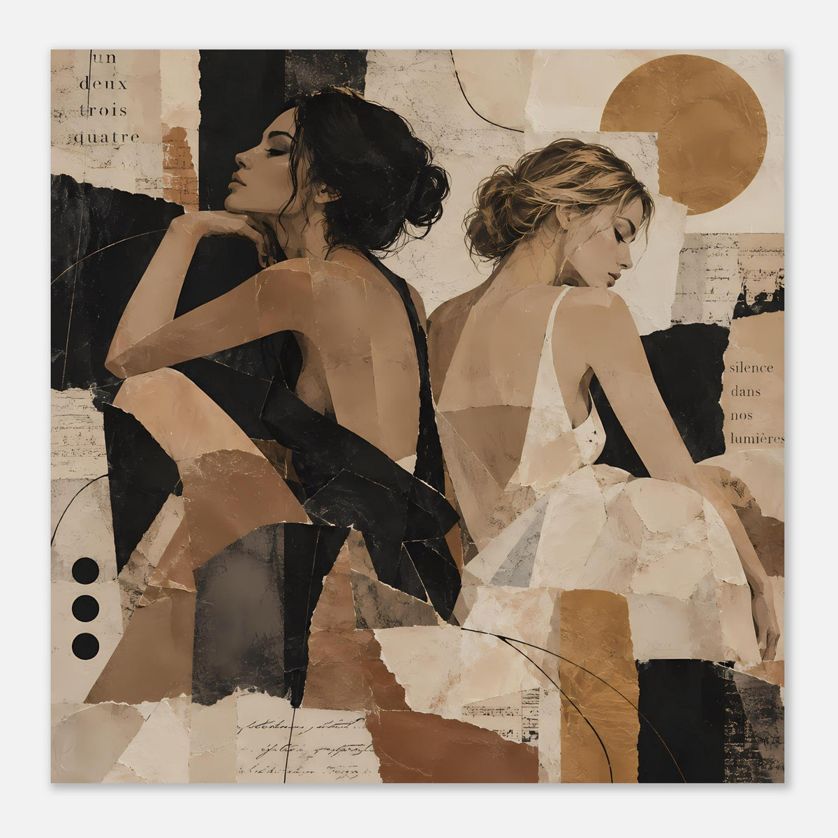 Collage-Poster mit zwei Frauen, warme Erdtöne, großflächige Beige- und Braunelemente