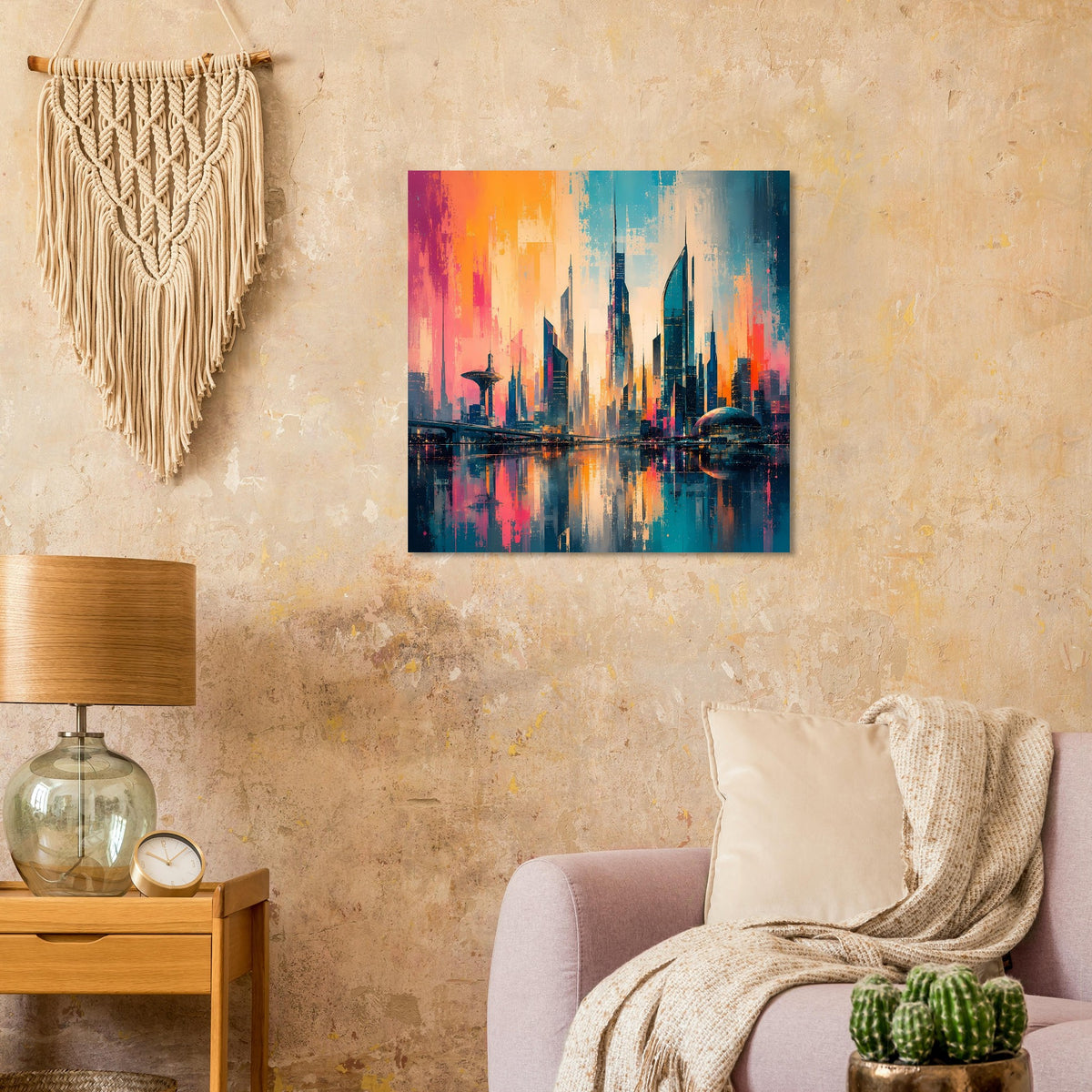 Cityscape-Poster mit futuristischer Stadtsilhouette, Reflexionen im Wasser, orange-blauer Verlauf