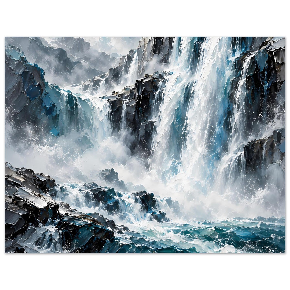 Ocean-Wasserfall-Poster, dynamische Wasserfälle und Felsformationen in Blau und Dunkelgrau