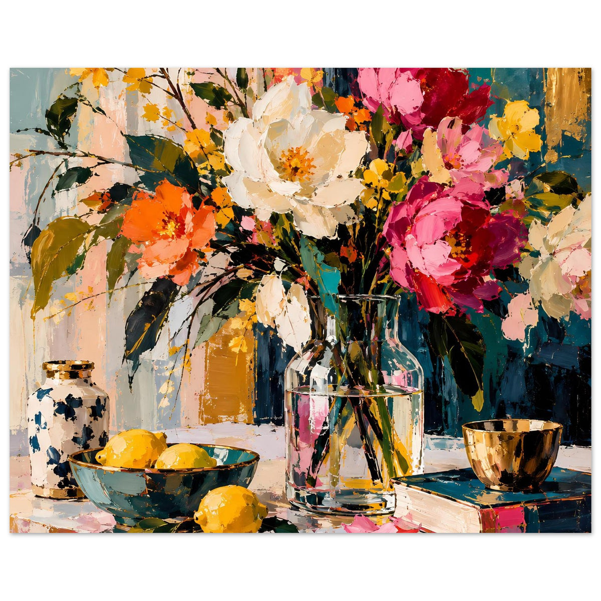 Blumenstillleben-Poster mit Farbkomposition aus Blüten, Vase und Tasse, Querformat