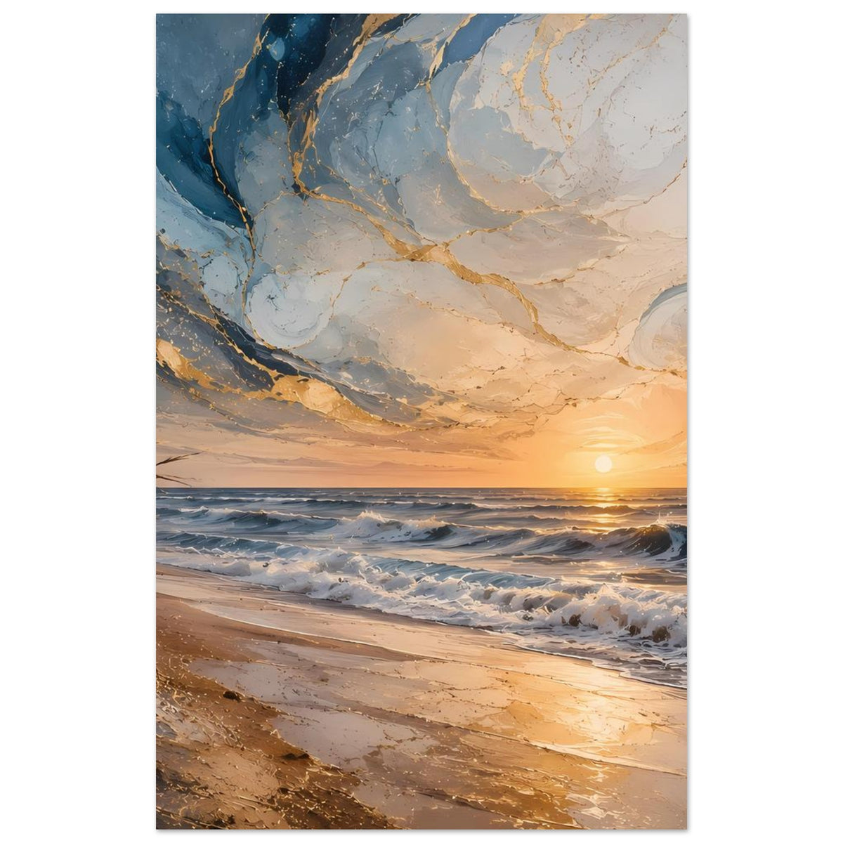 Vertikales Poster mit Meereswellen in Blau und Beige, goldener Sonne am Horizont