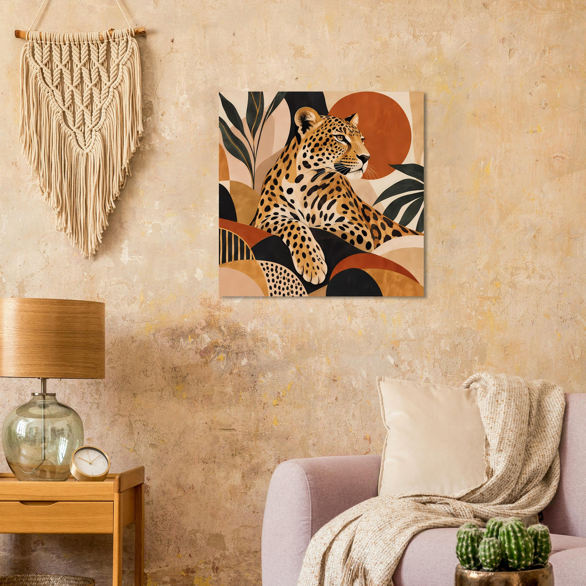 Quadratisches Leoparden-Tierposter mit warmen Erdtönen und Pflanzen-Abstractformen