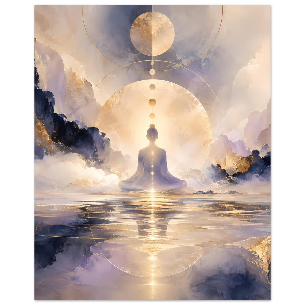 Vertikales Poster mit Meditationsfigur, großer goldener Scheibe und funkelnden Lichtlinien