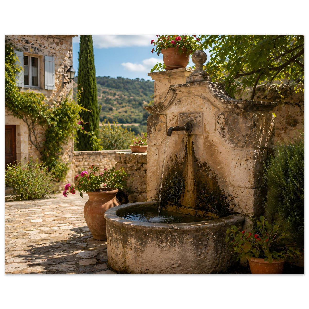 Steinbrunnen-Poster: Naturstein-Wandbrunnen mit Wasserstrahl, rundem Becken und Topfpflanzen