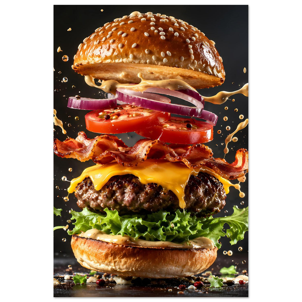 Buntes Poster: Burger mit Käse, Bacon, Salat und Zwiebeln im Explosionseffekt.