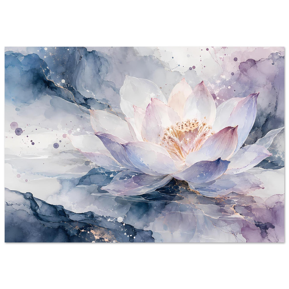 Horizontales Blumenposter mit blauer und lila Aquarelllandschaft um die Lotusblüte
