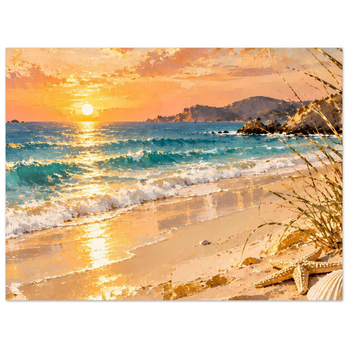 Horizontales Poster mit Strandmotiv und Sonnenuntergang; Teile von Muscheln am rechten Rand