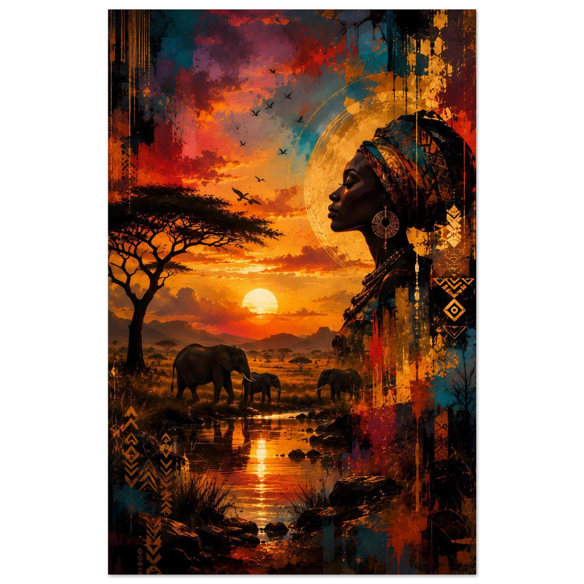 Poster mit afrikanischer Frau im Profil, Kopftuch mit Mustern, Elefanten bei Sonnenuntergang