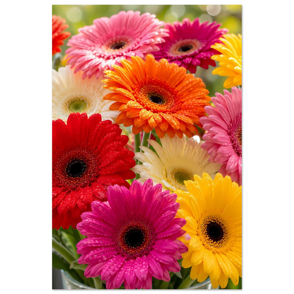 Buntes Gerbera-Blumenposter im Hochformat: Nahaufnahme von roten, pinken und gelben Gerberas