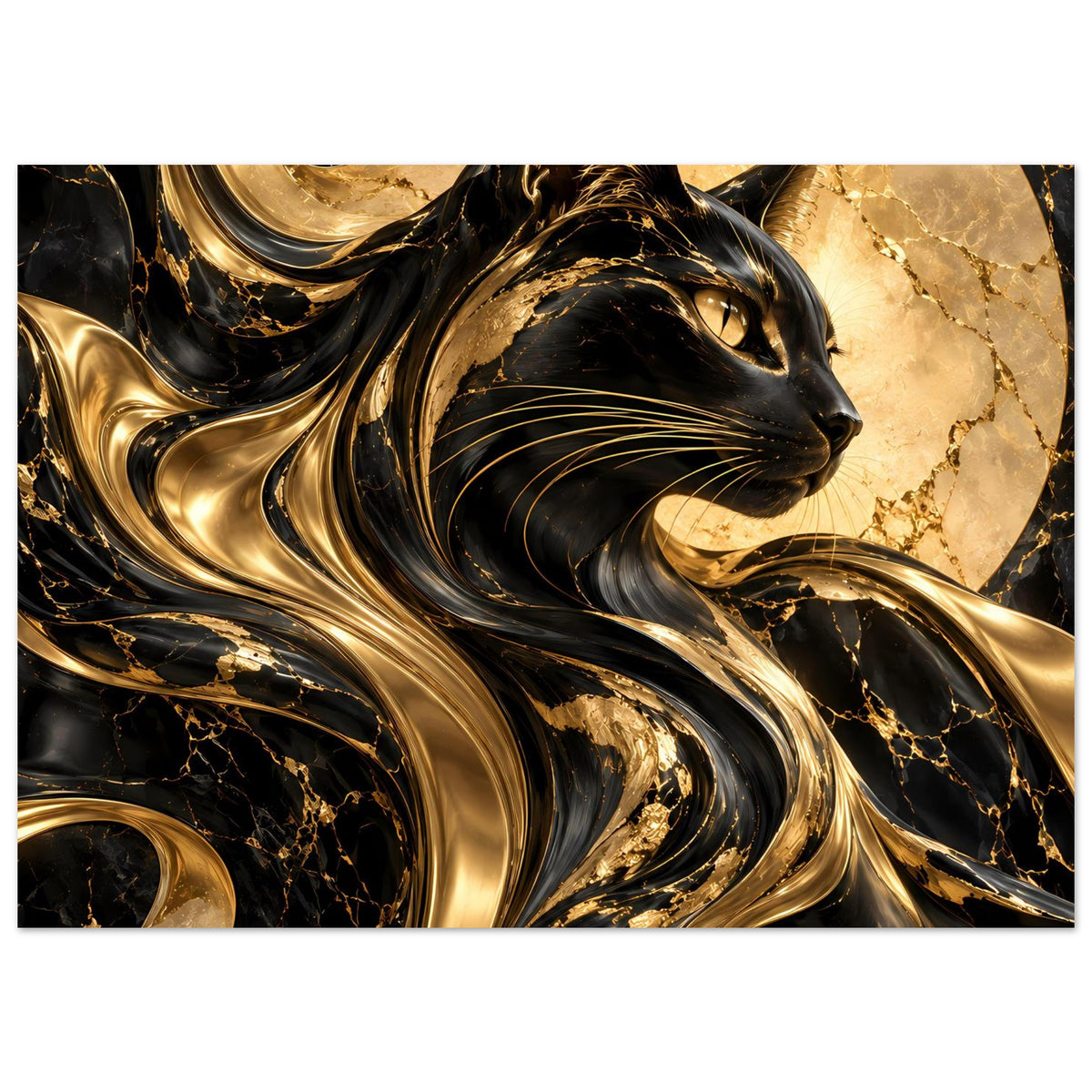 Poster mit abstrakter Katze in Gold und Schwarz, dynamische goldene Linien, querformat