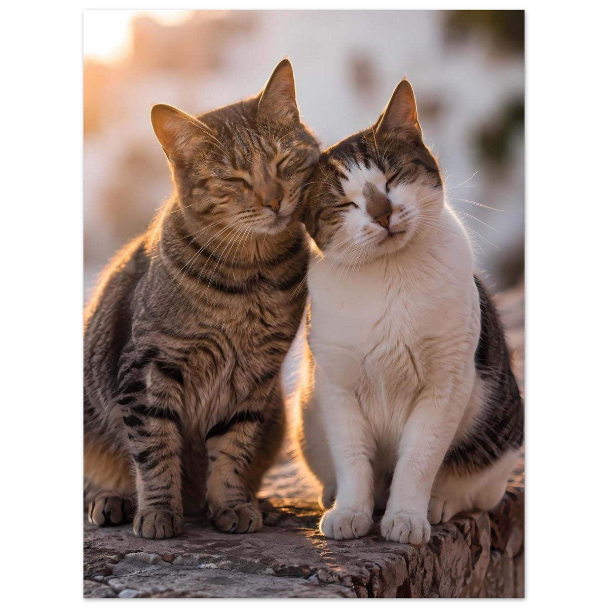 Poster mit zwei Katzen, braun getigert und weiß, eng aneinander gekuschelt