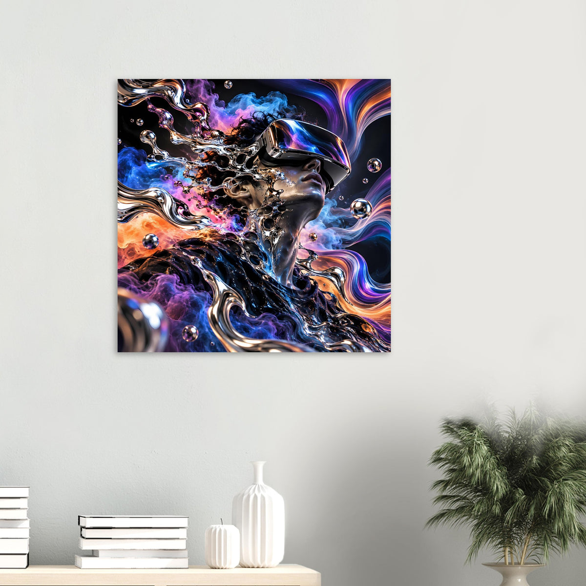Kleiner Kunstdruck mit futuristischem Porträt, Chromoptik, bunten Rauchwirbeln und Kugelakzenten