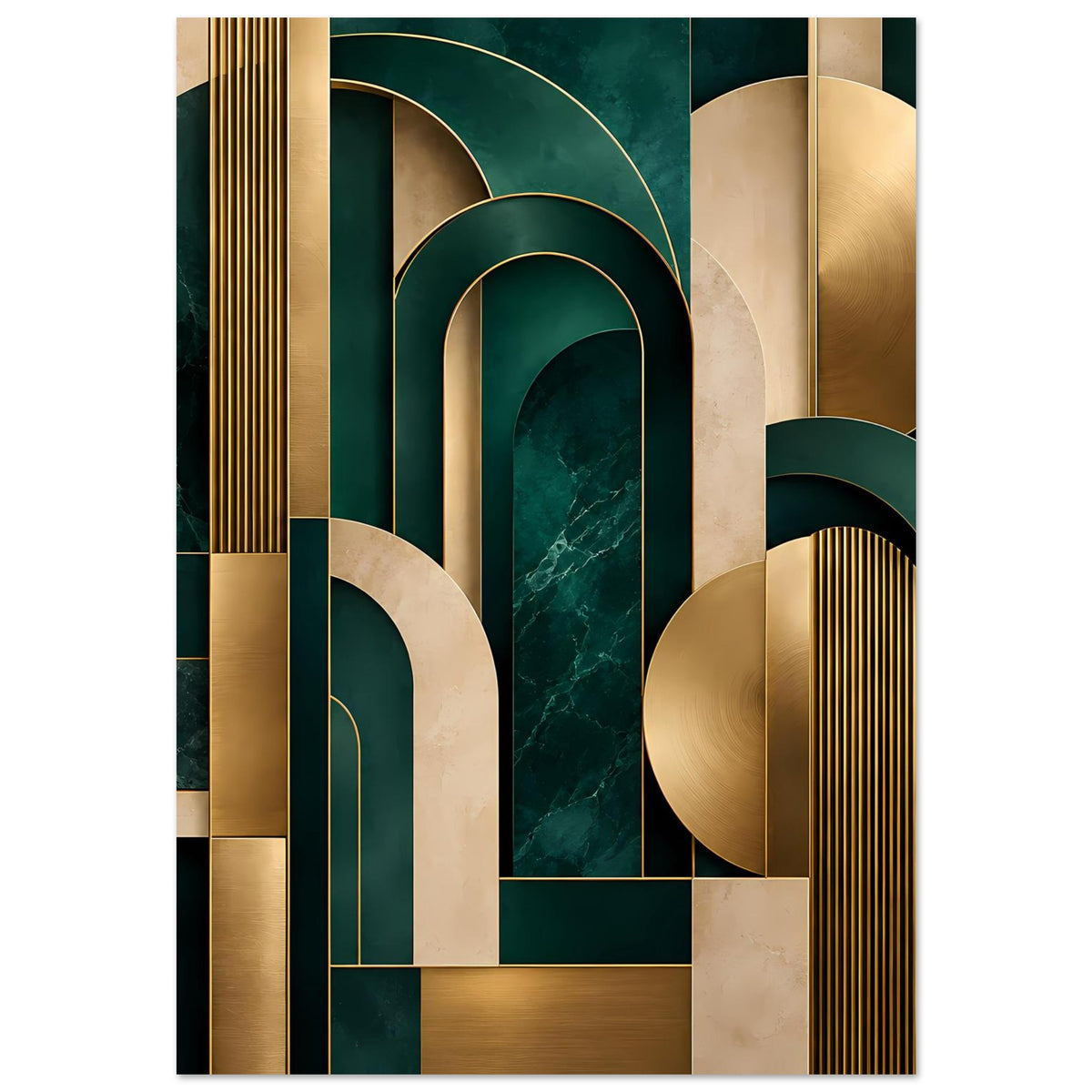 Vertikales Art-Deco Poster: goldene Linien und bogenförmige Ornamente in dunkelgrün