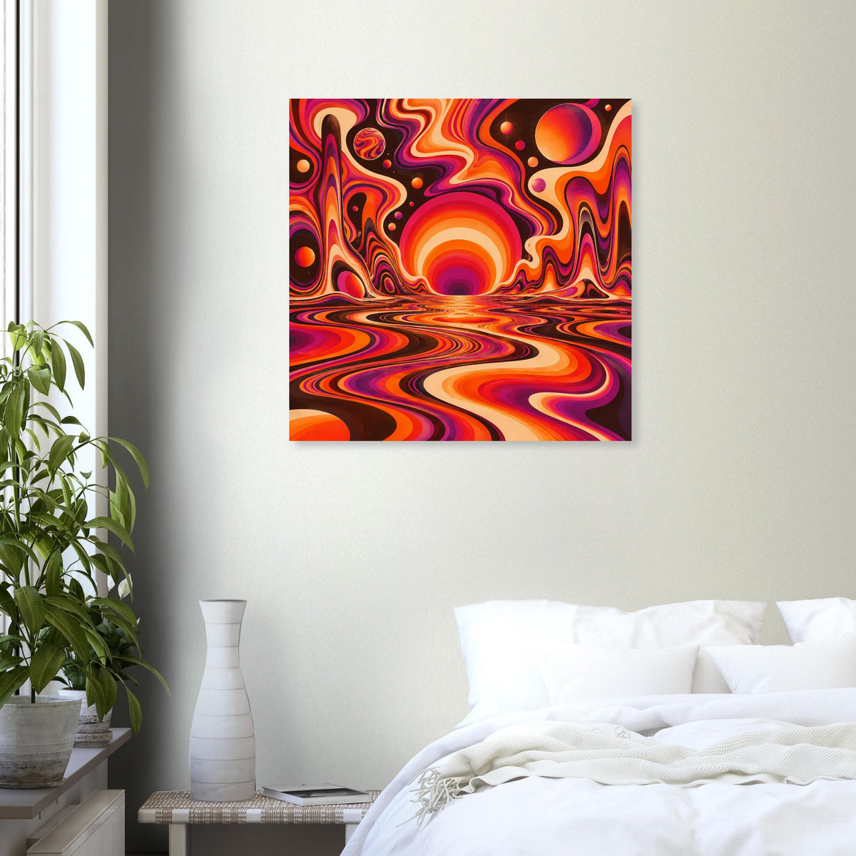 Wandposter mit leuchtenden orange-violetten Ringformen und Wellen