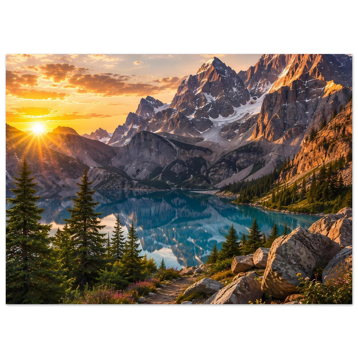 Wandposter mit Sonnenaufgang, schroffer Bergkulisse, blauem Wasser und Felsenweg