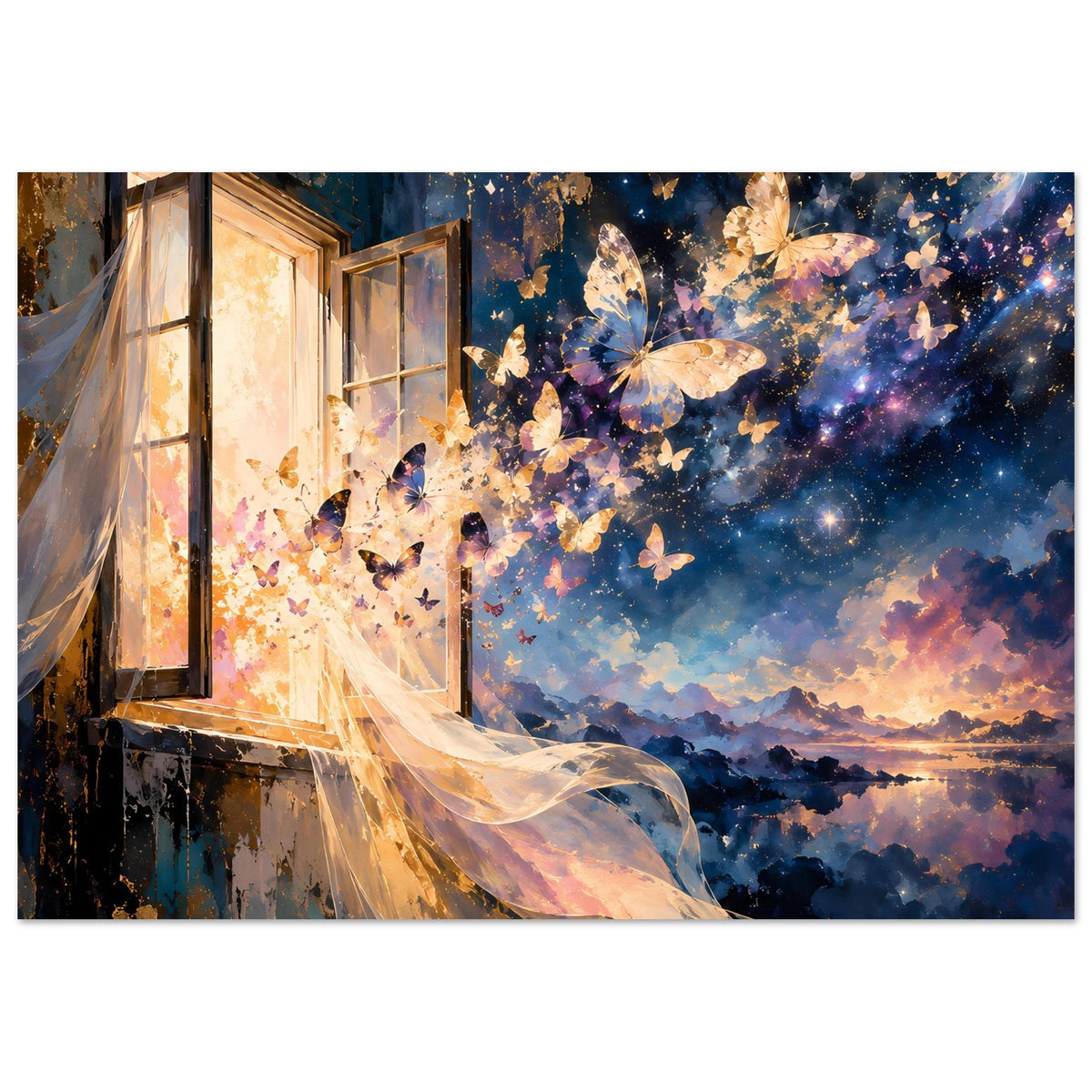 Kunstposter mit Schmetterlingen, Sternenhimmel und Mond, Vorhang an der Fensterseite