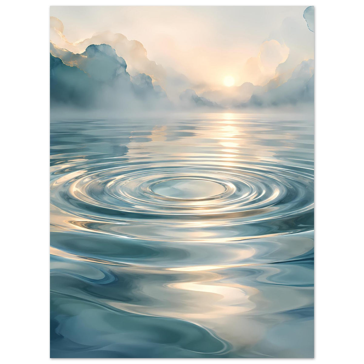 Poster im Hochformat: ringförmige Wellen auf dem Wasser, goldene Reflexion und Wolken