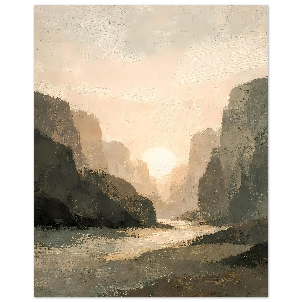 Poster Sonnenuntergangs-Landschaft im Hochformat: goldene Sonne, dunkle Felswände, Pfad