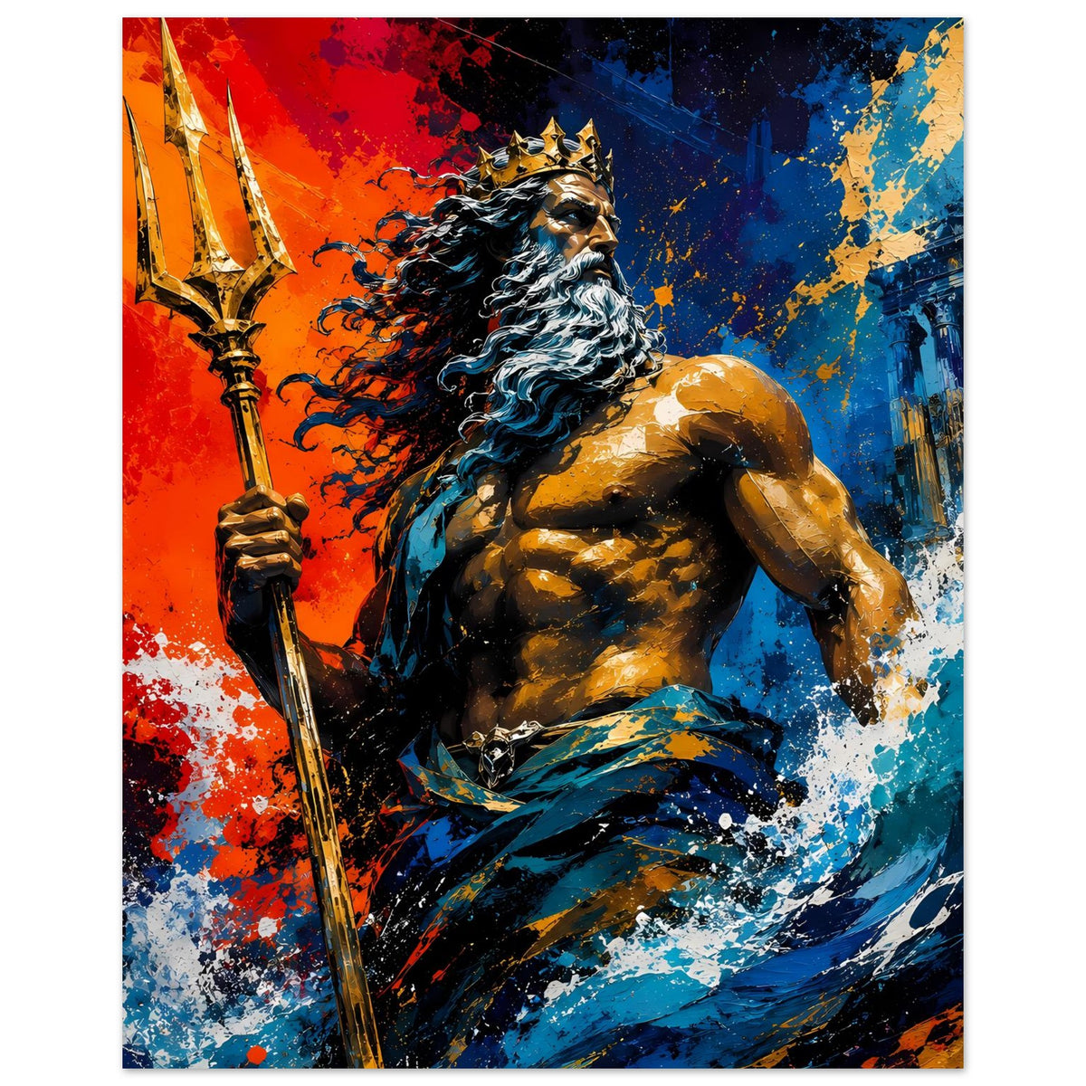 Neptun-Poster mit bärtigem Gott, Dreizack, dramatische Farbverläufe in Blau und Rot