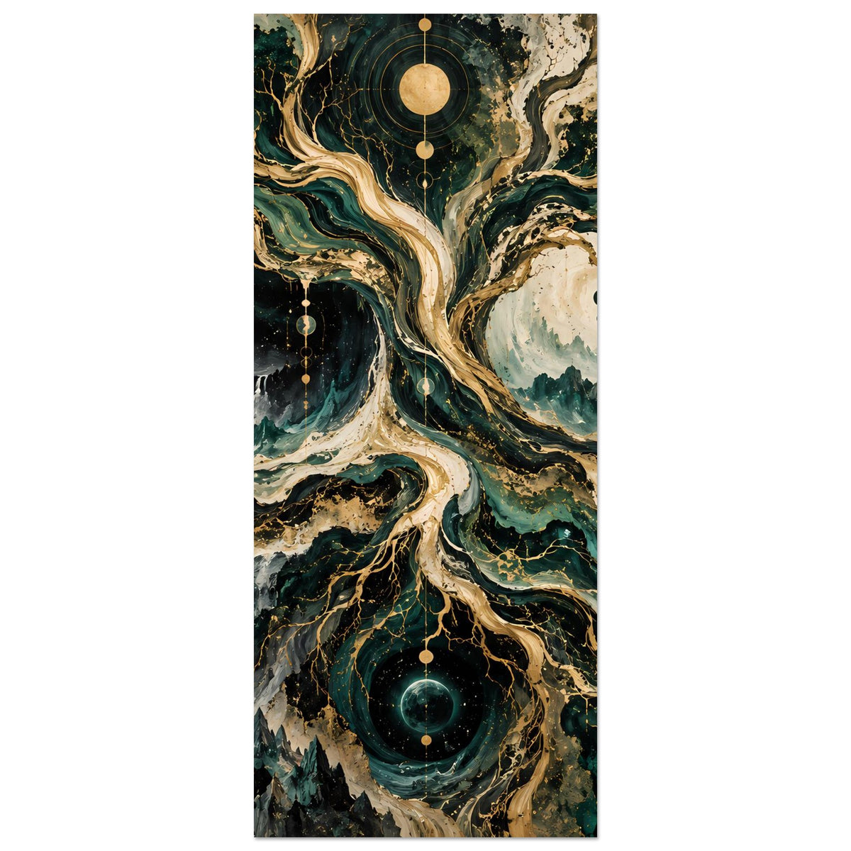 Hochformat-Poster mit kosmischem Baum, gold-beigem Himmel und grünen Wurzeln