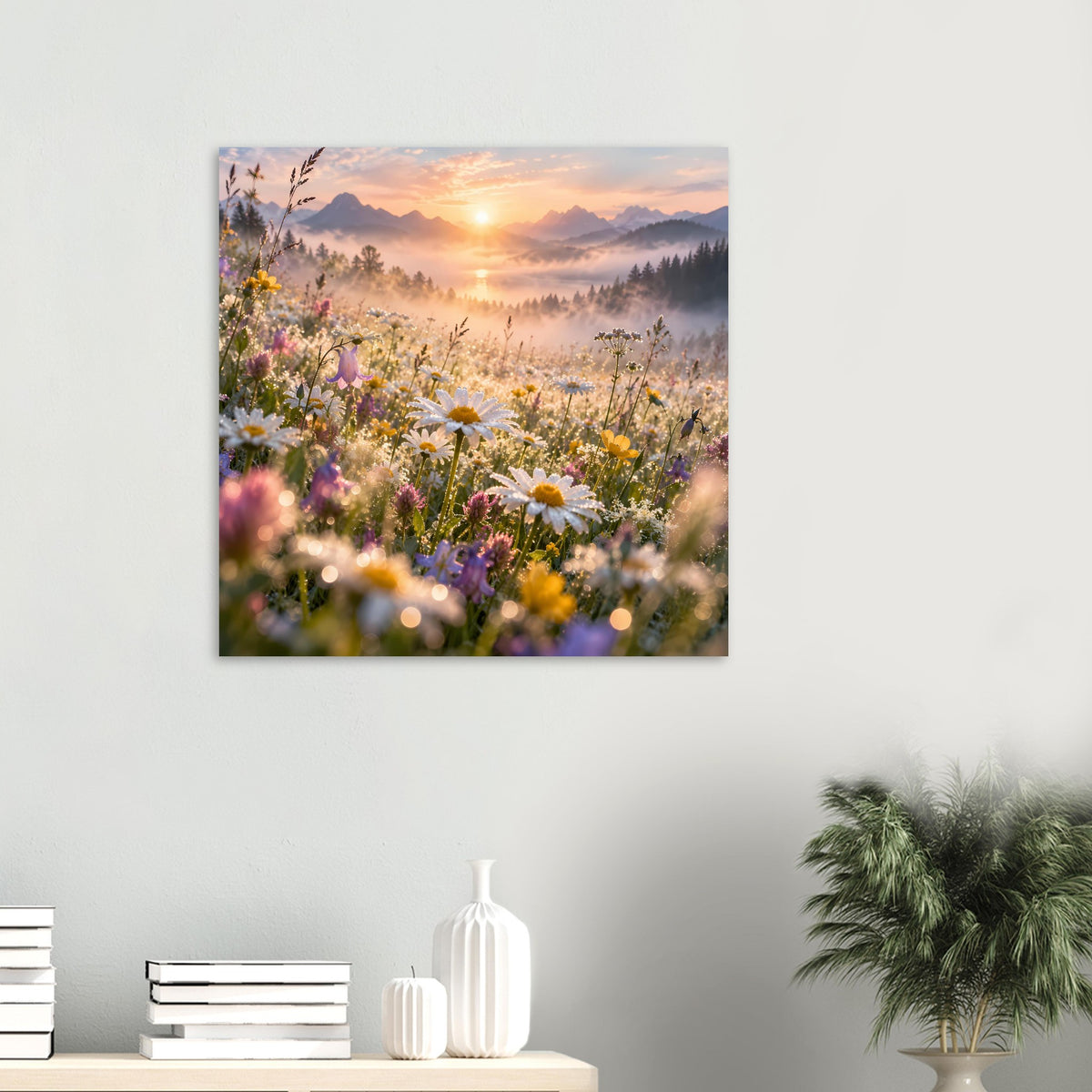 Kleines gerahmtes Poster mit blühender Wiesenlandschaft, Sonne über Bergen und Nebel