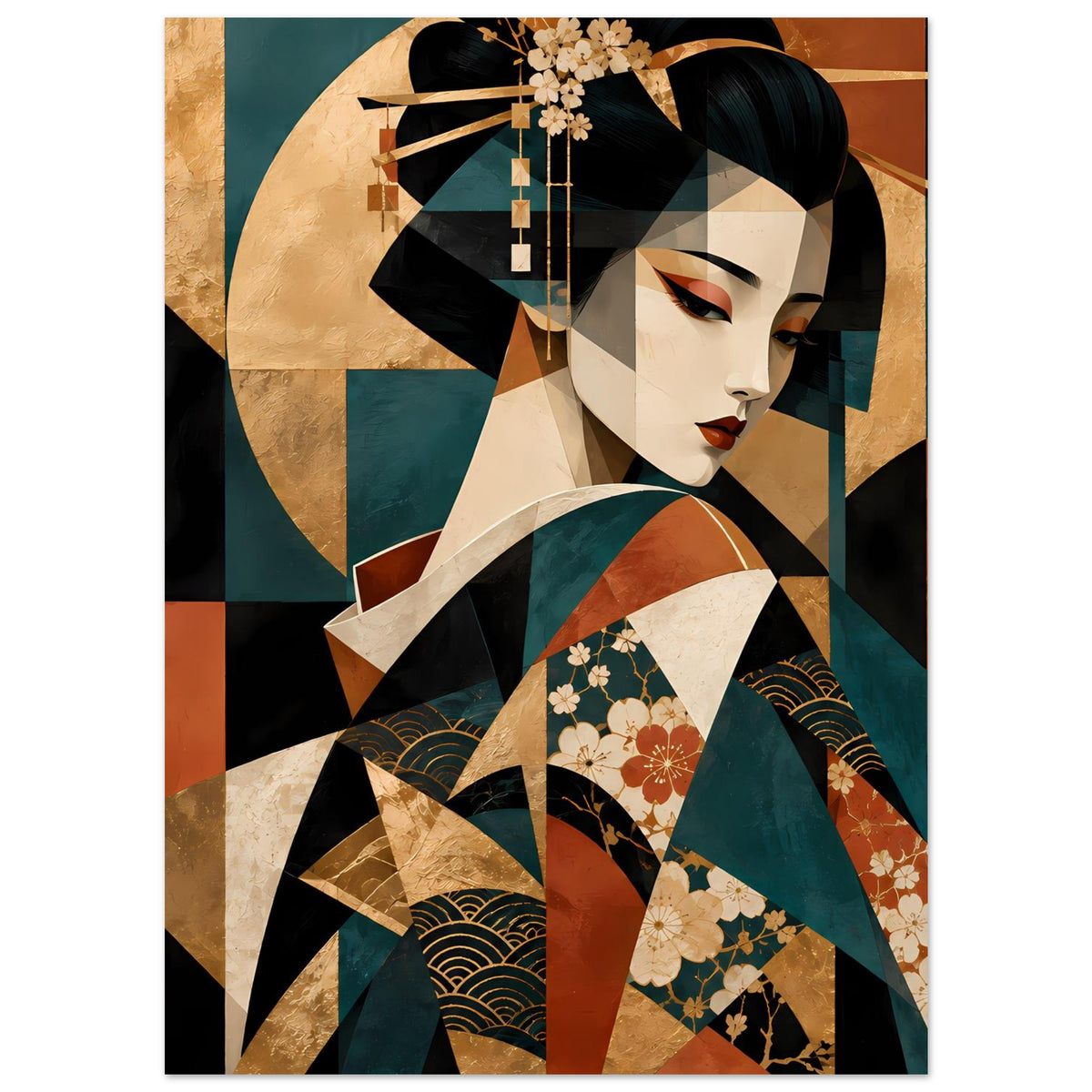 Geisha-Kunstposter vertikal, Geisha mit schwarzem Haar und rotem Lippenstift