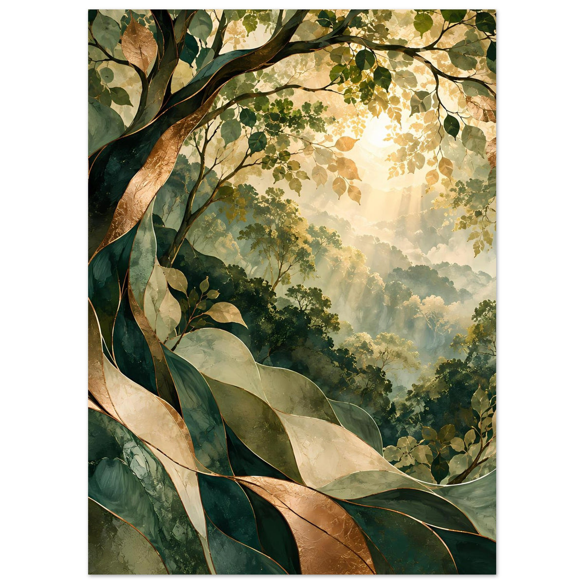Naturposter mit Baumast links, Blätterschichten und sanftem Licht im Wald