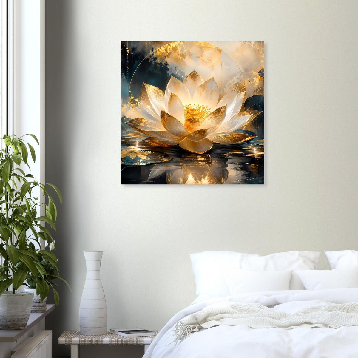 Quadratisches Kunstposter mit weiß-goldener Lotusblüte auf spiegelndem Wasser