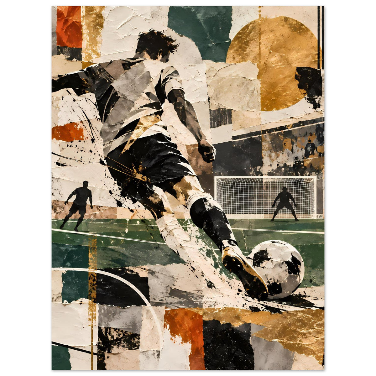 Fußball-Action-Kunstposter: dynamischer Schuss mit Ball, Tornetz und Silhouetten in der Szene