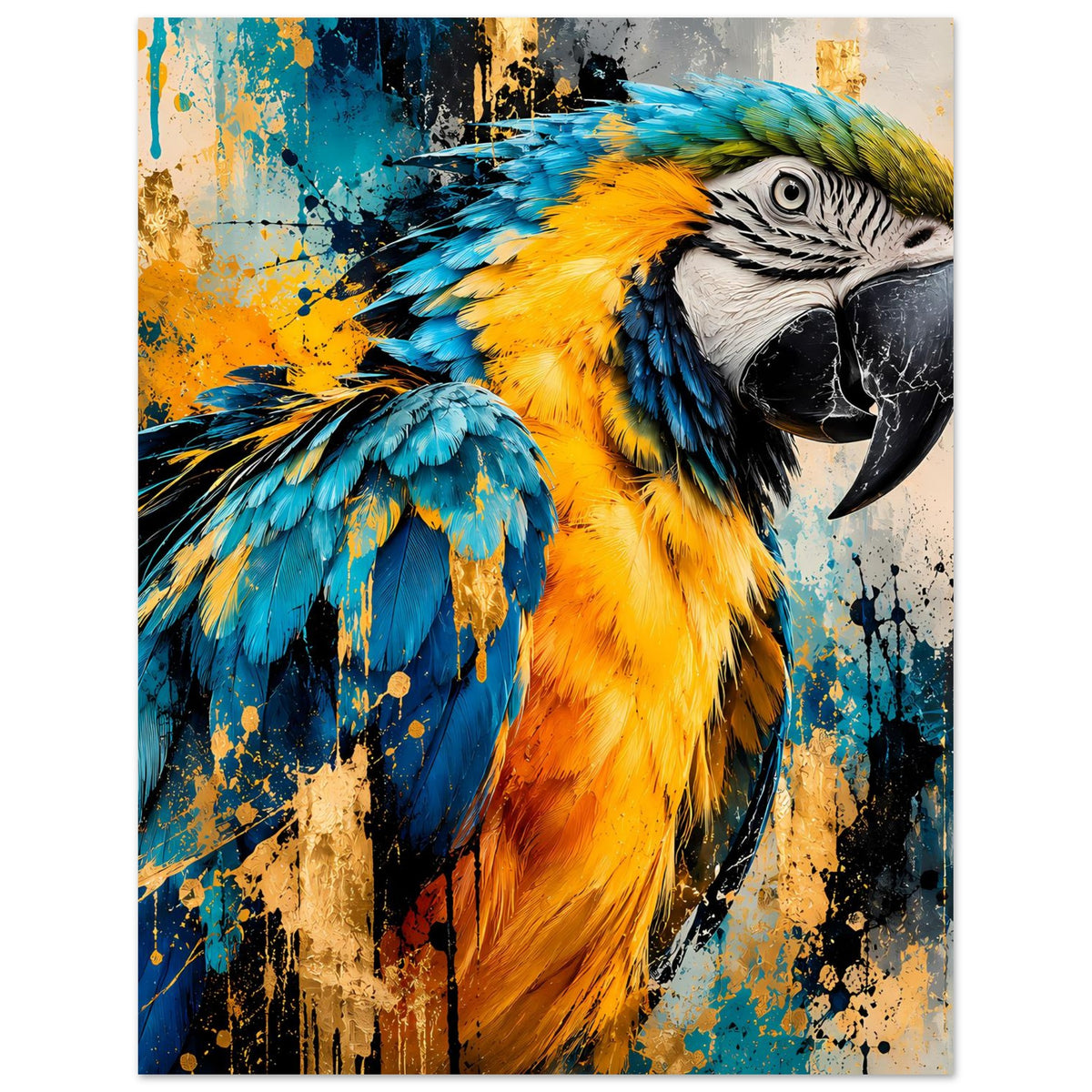 Parrot-Artposter mit Papagei im Detail, blaue und gelbe Federfarben