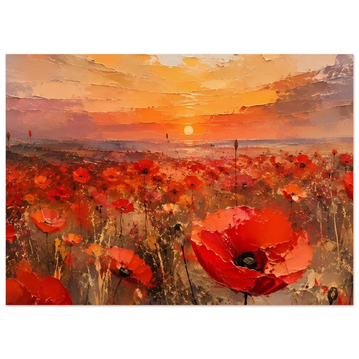 Querformat-Poster: rotes Mohnfeld mit orangefarbener Abendsonne
