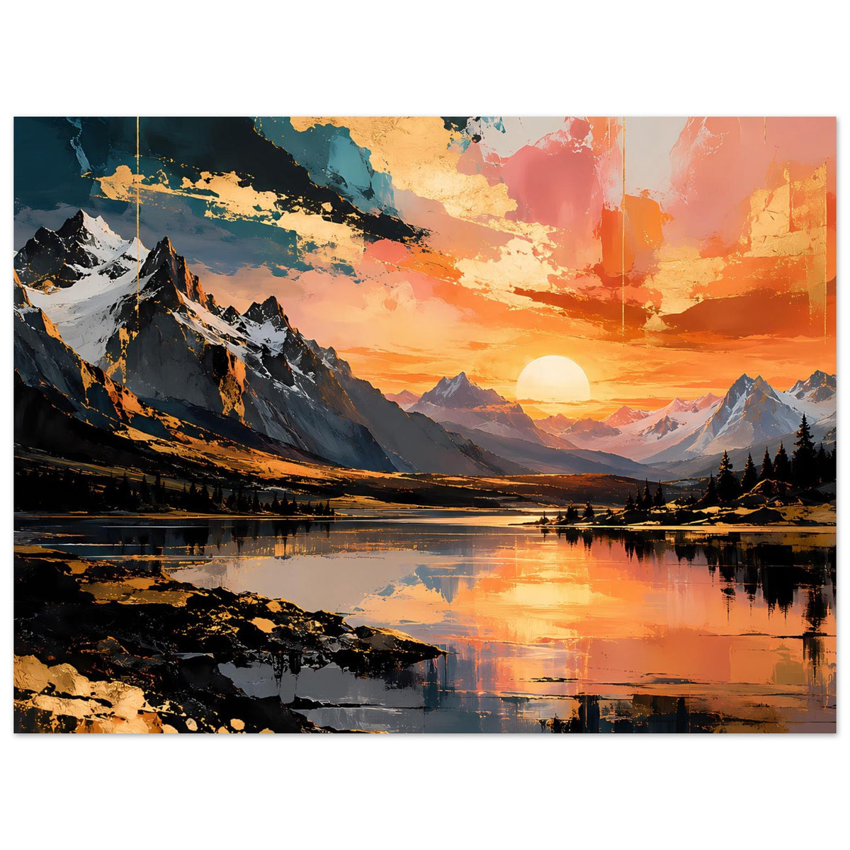 Horizontales Poster mit Sonnenuntergang über Bergen, See und spiegelnden Lichtstreifen.