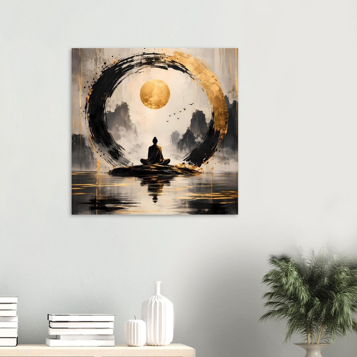 Kleines Zen-Meditationsposter mit goldener Sonne, dunklen Pinselringen, sitzender Figur, Spiegelung