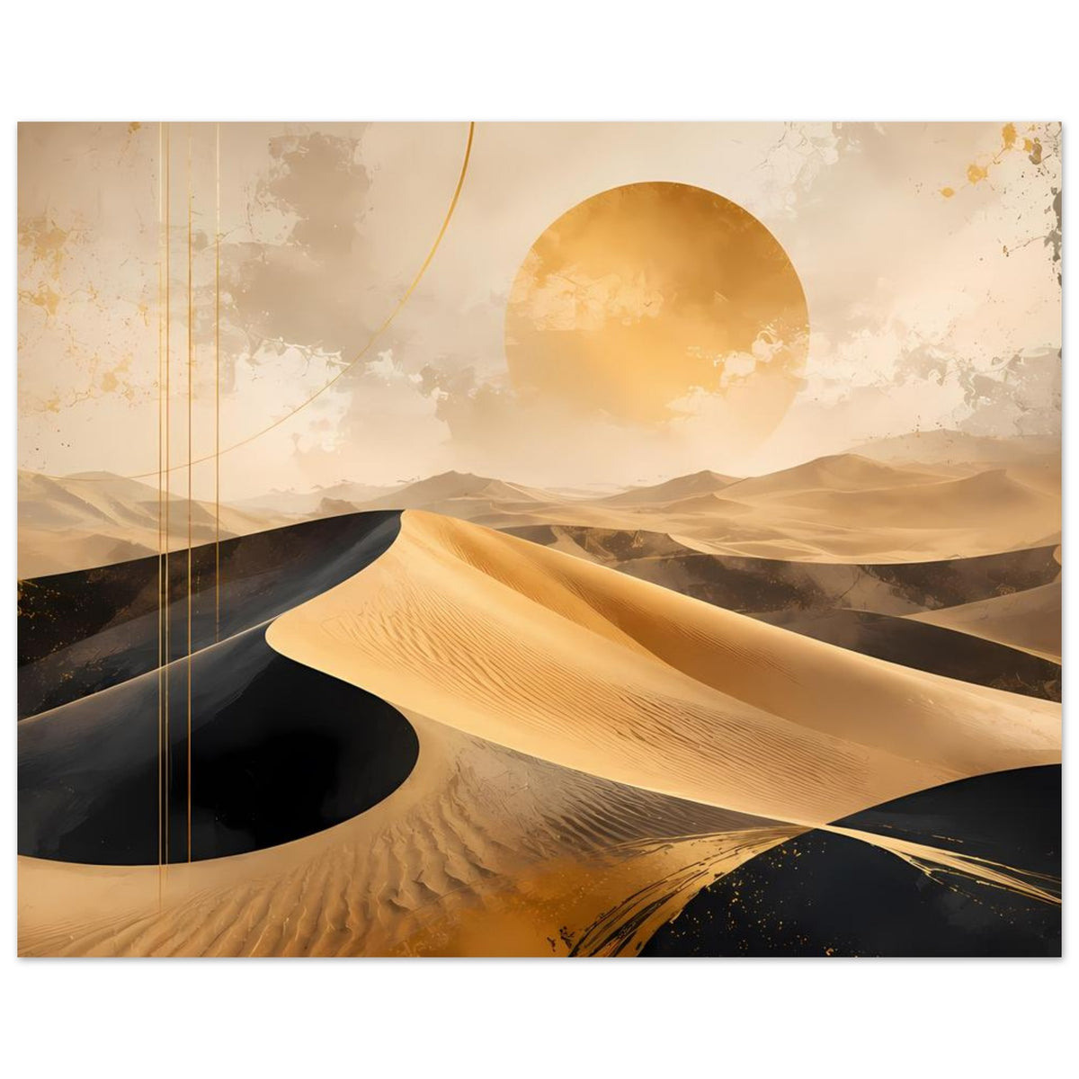 Wüstenlandschafts-Poster mit goldenen Dünen, schwarzem Sand und großer Sonnenscheibe