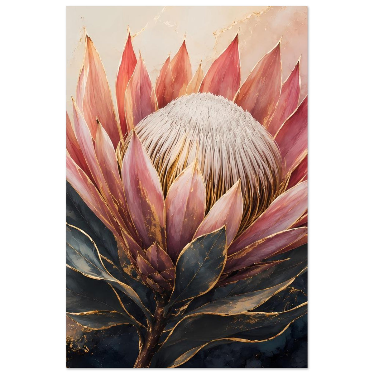 Botanisches Poster mit Königsprotea in Altrosa und Gold: Blütenkopf und Blattzweige mit goldenen Konturen