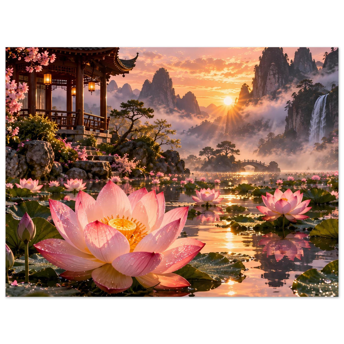 Poster mit rosa Lotusblüten im Vordergrund und Sonnenuntergangs-Landschaft, quadratisch