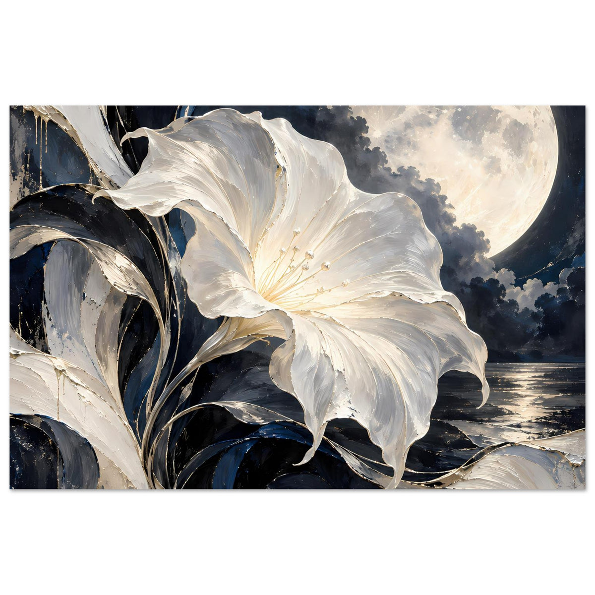 Blumenposter mit weißer Blüte und goldenen Linien, dunkler Hintergrund, Mond über See