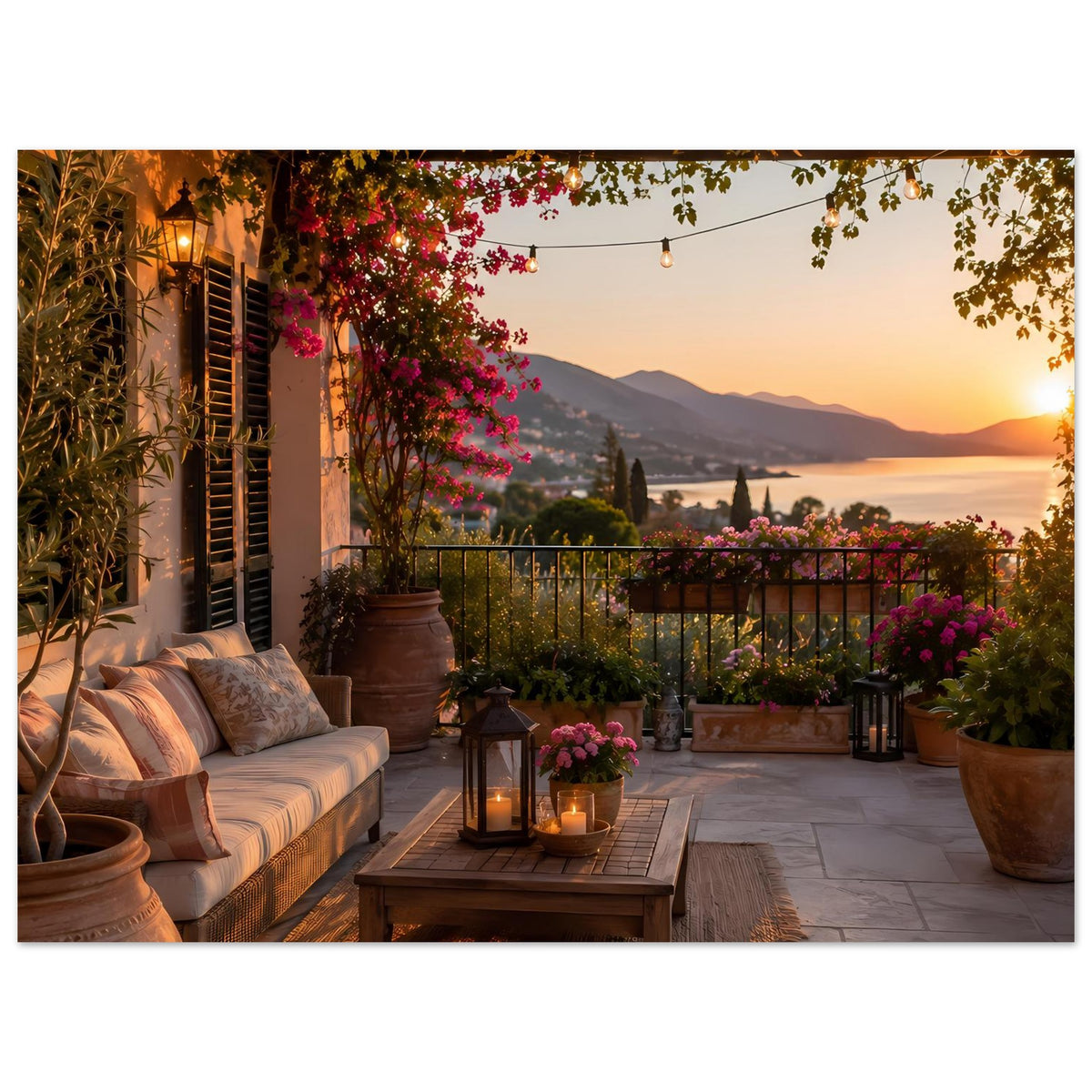 Terrassen-Poster: Terrasse mit Sofa, Blumendeko und Laterne, Berge im warmen Abendlicht