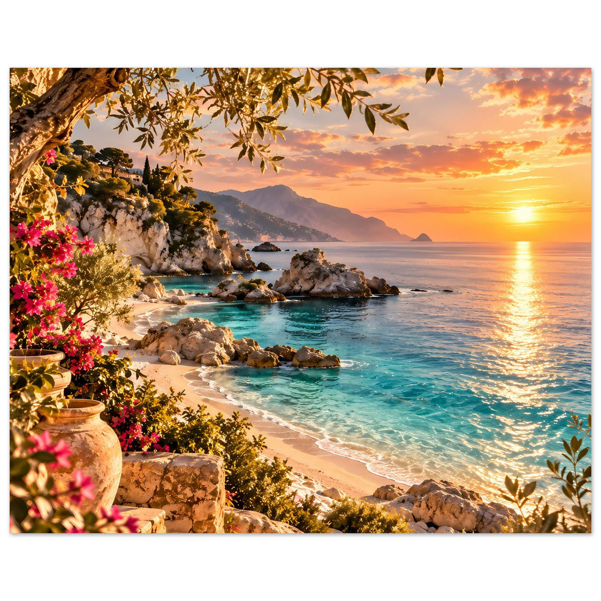 Strandposter: Sonnenuntergang am Meer mit Felsen, Sandstrand und dichtem Blütendekor
