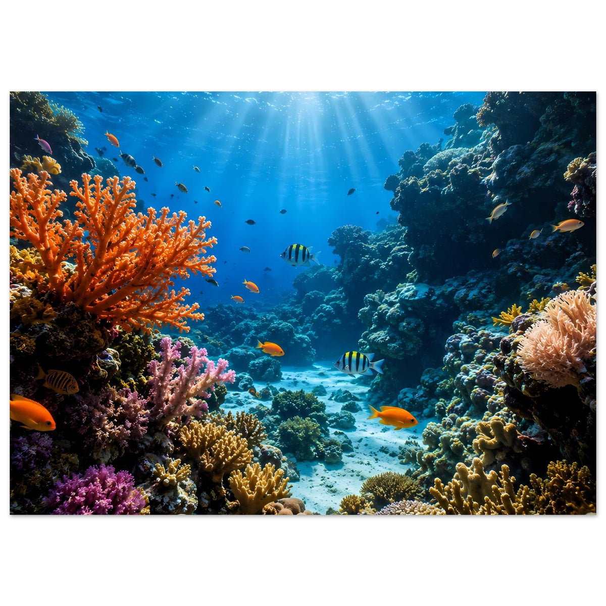 Unterwasser-Poster mit Korallenriff: orange und violette Korallen sowie Fische im Blau