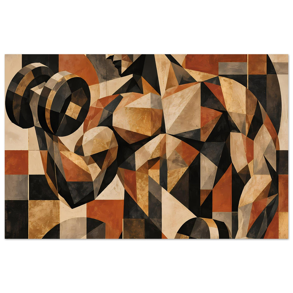 Abstraktes Kraft-Poster mit geometrischen Figuren in Schwarz, Beige und Terrakotta, horizontal.
