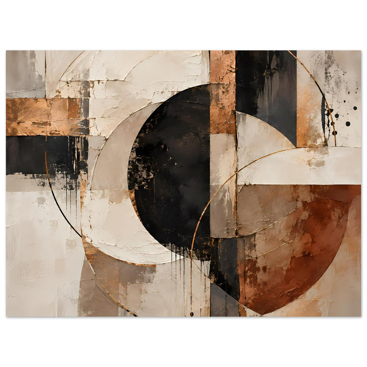 Abstraktes geometrisches Wandbild: beige, rostbraun und schwarz mit Kreis- und Linienfragmenten