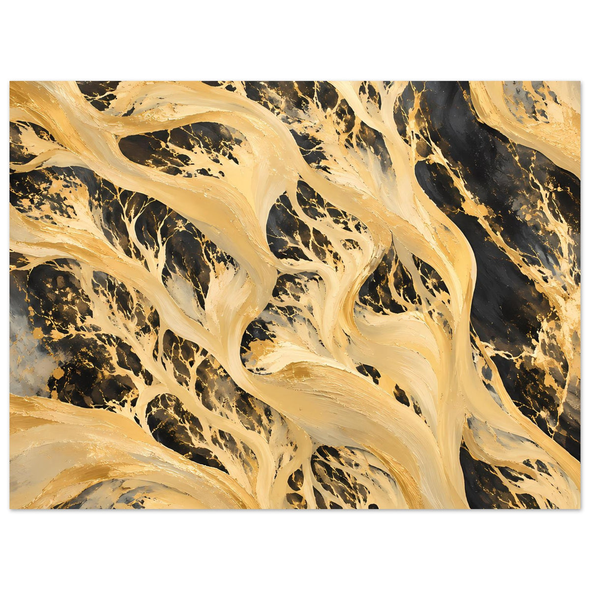 Abstraktes Kunstposter (horizontal) mit goldfarbenen Adern und schwarzen Flecken